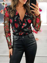 Blouses Embroidered V-Neck Mesh Long Sleeve Blouse for Women