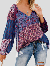 Blouses Floral Print V-Neck Drawstring Long Sleeve Blouse for Women