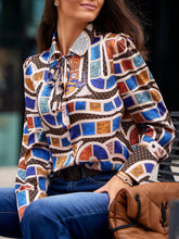Blouses Geometric Print Lace Up Long Sleeve Blouse for Women