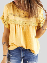 Blouses Jacquard Polka Dot Crew Neck Lace Short Sleeve Blouse for Women