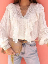 Blouses Lace V-Neck Panel Ruffle Long Sleeve Blouse for Women