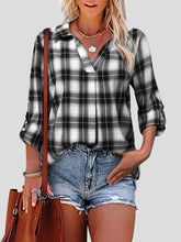 Blouses Lapel Check Print Long Sleeve Blouse for Women