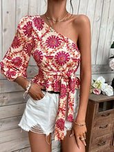 Blouses Printed One-Shoulder Sleeve Ruffle Tie Blouse for Women