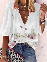 Blouses Printed V-Neck Lace Mid Sleeve Blouse for Women