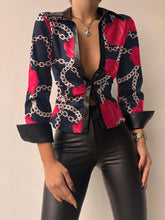 Blouses Printed V-Neck Long Sleeve PU Leather Blouse for Women