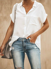 Blouses Solid Lapel Short Sleeve Pocket Blouse for Women