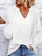 Blouses Solid Simple V-Neck Long Sleeve Blouse for Women