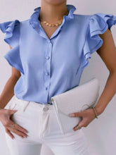 Blouses Solid Stand Collar Button Ruffle Blouse for Women