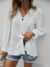 Blouses Solid V-Neck Button Jacquard Long Sleeve Blouse for Women