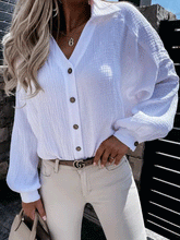 Blouses Solid V-Neck Button Lantern Sleeve Blouse for Women