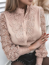 Blouses Stand Collar Lace Cutout Long Sleeve Blouse for Women