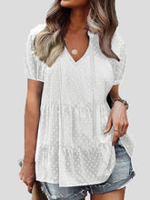 Blouses V-Neck Belted Jacquard Bubble Short Sleeve Blouse for Women