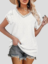 Blouses V-Neck Lace Jacquard Short Sleeve Blouse for Women