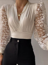 Blouses V-Neck Lace Panel Long Sleeve Blouse for Women