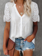 Blouses V-Neck Lace Pleated Short Sleeve Blouse for Women
