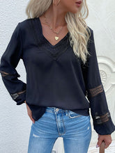 Blouses V-Neck Lace Stitching Hollow Long Sleeve Blouse for Women
