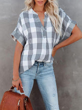 Blouses V-Neck Plaid Short Sleeve Blouse for Women