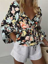Blouses V-Neck Printed Waist Tie Long Sleeve Blouse for Women