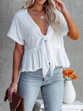Blouses V-Neck Tie Ruffle Short Sleeve Blouse for Women