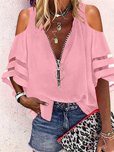 Blouses V-Neck Zip Flare Sleeves Mesh Panel Casual Blouse for Women