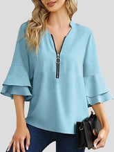 Blouses V-Neck Zip Layered Flare Sleeves Blouse for Women
