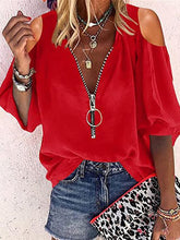 Blouses V-Neck Zip Off-Shoulder Long Sleeve Blouse for Women