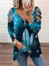 Butterfly Print V-Neck Zipper Hollow Long Sleeve T-Shirt