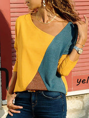 Blouses Splice Contrast Round Neck Long Sleeve Casual Blouse for Women