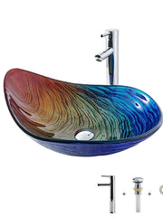 Bathroom Vessel Sink Rectangular 21"x15", Sink Mixer Faucet and Drain Combo with Pop-up Drain, Boat Shape Color Tempered Glass Artistic Vanity Sink Bowl, Above Counter Washroom Sink Art Wash Basin