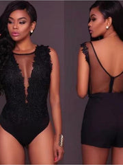 Bodysuit Black White Plain Lace Patchwork Sleeveless Holiday Beach Sexy Round Neck M for Women