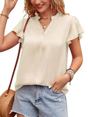 Blouse Satin Ruffle Solid / Plain Color Basic Y Neck Flutter Sleeve Summer grey blue Lake Green pea green Black Champagne for Women