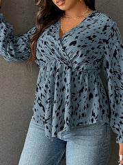 Blouse Blue Graphic Ruched Print Long Sleeve Work Daily Elegant V Neck Plus Size L for Women