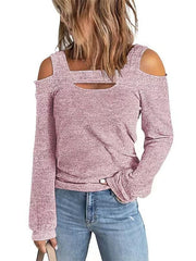 Blouse Hollow Out Plain Basic Off Shoulder Standard Spring & Fall Black Pink Red khaki Grey for Women