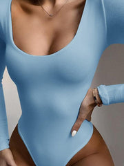 Bodysuit Black White Blue Plain Long Sleeve Casual Basic Square Neck S for Women