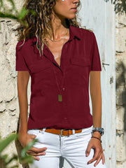 Blouse Pocket Solid Colored Daily Shirt Collar T-shirt Sleeve Light Summer Blue Black Purple Dark Red Pink for Women