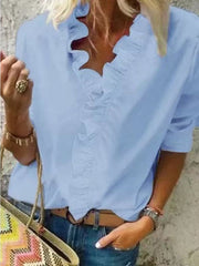 Blouse Shirt V Neck Lettuce Trim Plain Modern V Neck Regular Spring & Fall Green Blue White Orange for Women