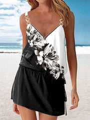 Beach Dress Beach Wear Mini Dress Zipper Print Tropical Fashion Floral Spaghetti Strap Sleeveless Regular Fit Outdoor Daily Black And White White Summer Spring S M L XL for Women