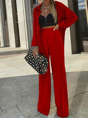Blouse Pants Sets Basic Green Red Casual Daily Plain Shirt Collar S M L XL for Women