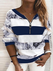Blouse Yellow Pink Dark Blue Floral Striped Zipper Print Long Sleeve Daily Going out Casual V Neck Regular L for Women