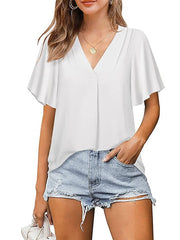 Blouse Chiffon Solid / Plain Color Basic V Neck Flare Cuff Sleeve Summer Light Blue Black White Pink Navy Blue for Women