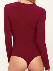 Bodysuit Black White Wine Plain Lace Long Sleeve Casual Basic V Neck Cotton S for Women
