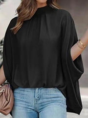 Blouse Dolman Solid Color Basic High Neck Batwing Sleeve Summer Light Blue Black White Blue Brown for Women