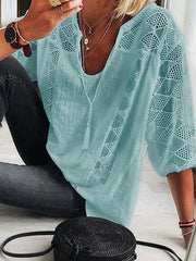 Blouse Lace Patchwork Solid Color Basic Boho U Neck Lace-up Spring & Fall Black White Yellow Light Blue Grey for Women