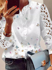 Blouse T shirt Tee Lace Butterfly Modern V Neck Standard Spring & Fall White for Women
