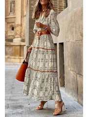 Bohemia Floral V Neck Casual Dress Holiday Dress Swing Dress Long Dress Maxi Dress Khaki Half Sleeve Abstract Ruched Sunmmer Fall Spring Classic Daily Weekend S M L XL XXL 3XL for Women