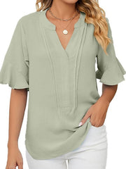 Blouse Pleated Ruffle Solid / Plain Color Basic V Neck Petal Sleeves Summer pea green Black White Pink Blue for Women