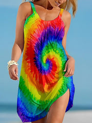 Beach Dress Resort Wear Beach Wear Mini Dress Print Tropical Fashion Rainbow Spaghetti Strap Sleeveless Loose Fit Outdoor Daily Rainbow Yellow Summer Spring S M L XL for Women
