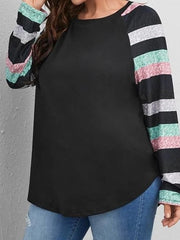 Blouse Black Color Block Print Long Sleeve Daily Vacation Casual Crew Neck Plus Size L for Women