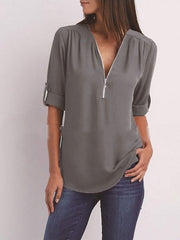 Blouse Shirt Zipper Basic Plain Daily V Neck T-shirt Sleeve Regular Summer White Black Pink Grey Dark Blue for Women