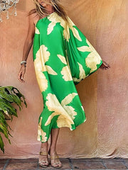 Boho Dress Midi Dress Black Yellow Light Green Sleeveless Floral Patchwork Summer Spring One Shoulder Vacation Winter Dress Fall Dress S M L XL XXL 3XL for Women